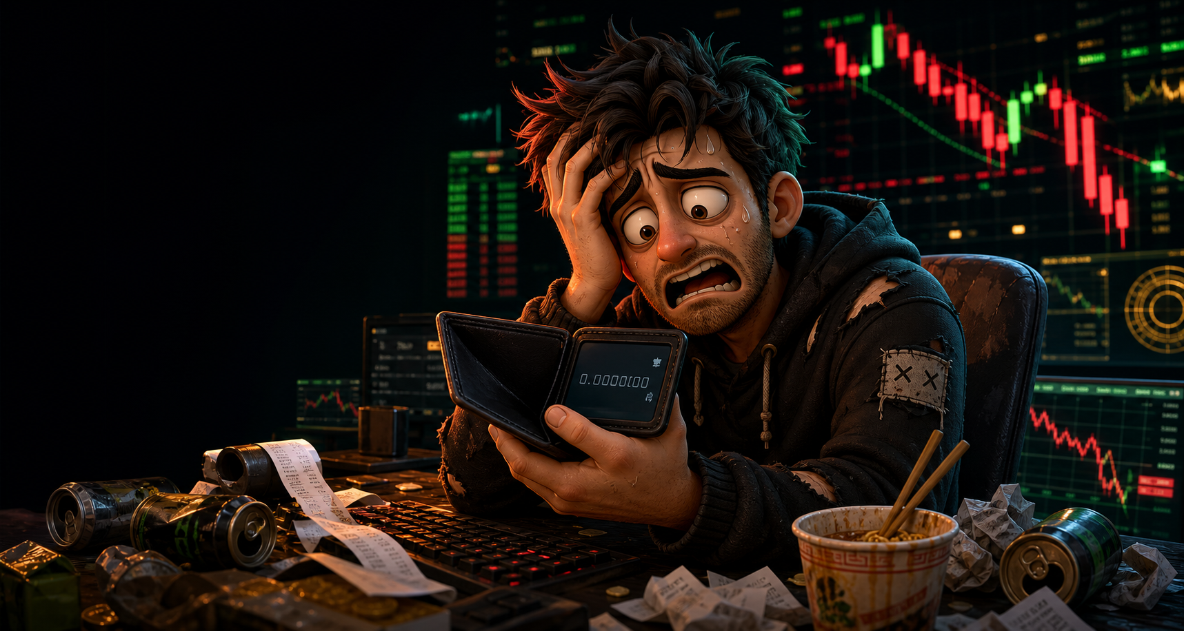 Cartoon broke crypto dev shocked by an empty wallet and chaotic charts